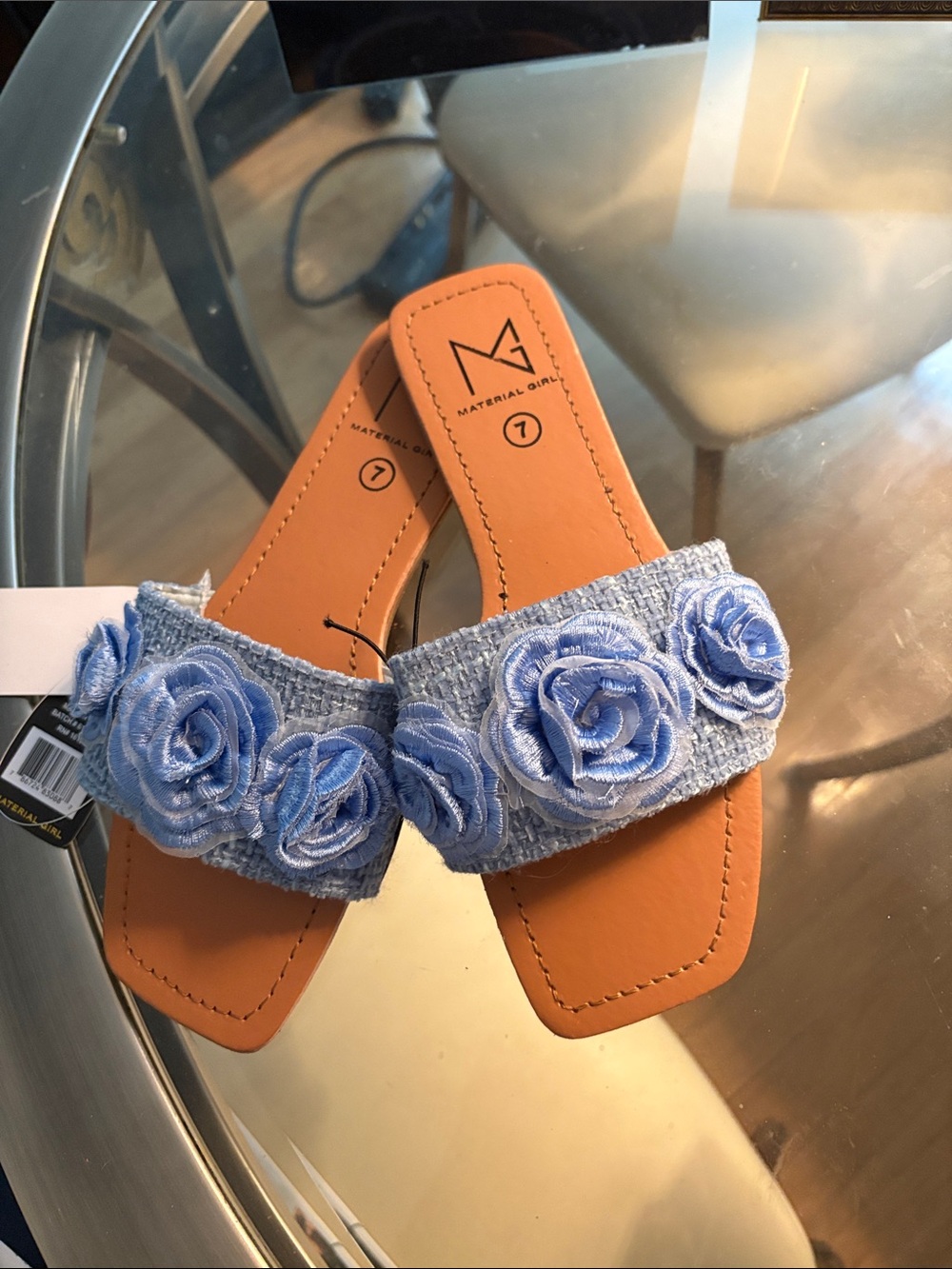 Material Girl Blue Floral Rosette Slide Sandals